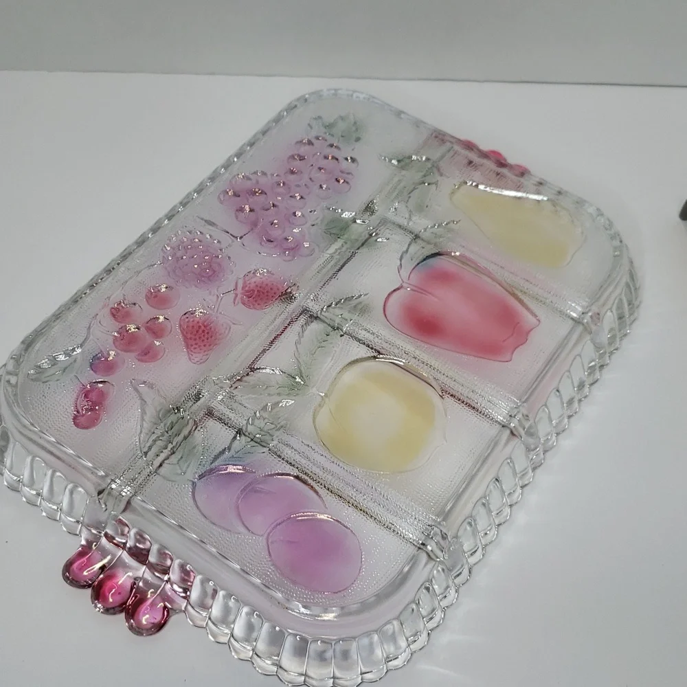 Vintage Clear Glass Divided‎ Relish Tray with Fruit Design and Pink Handles